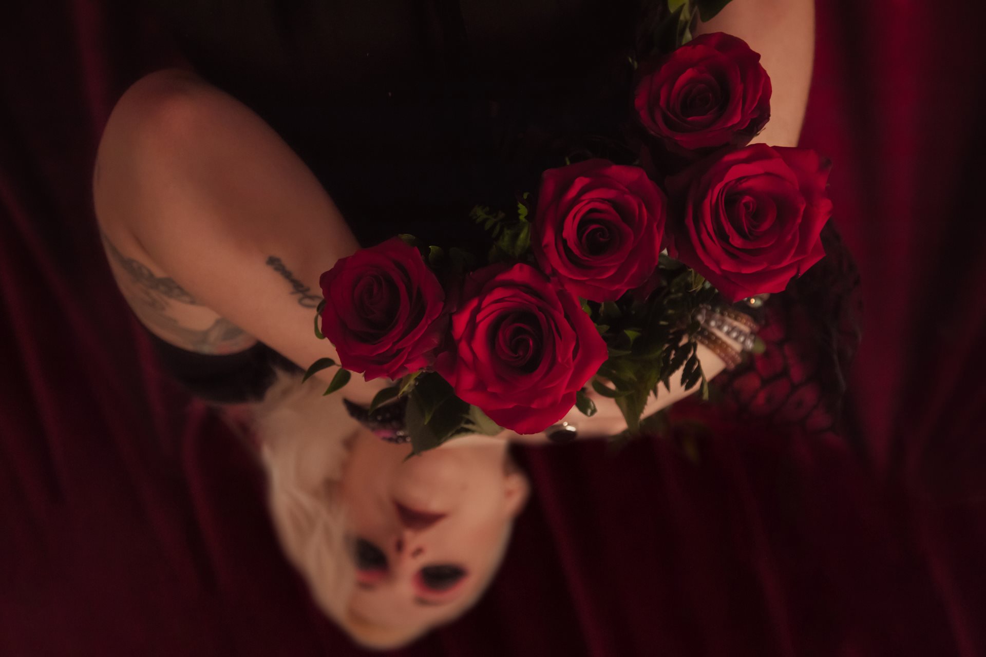 servizio fotografico ritratto rosa rossa fuoco servizio in studio velluto dark Firenze Sesto Fiorentino